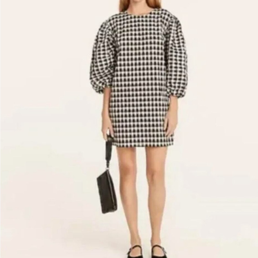 J.Crew Puff Sleeve Mini Dress Textured Puckered Plaid Lined Black White Medium